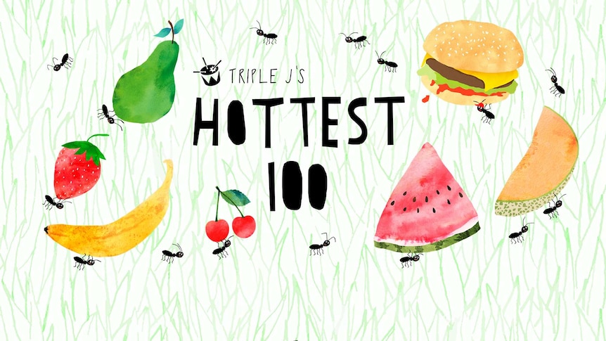 image of hottest 100 artwork. A green background with fruit, ants and the Hottest 100 logo