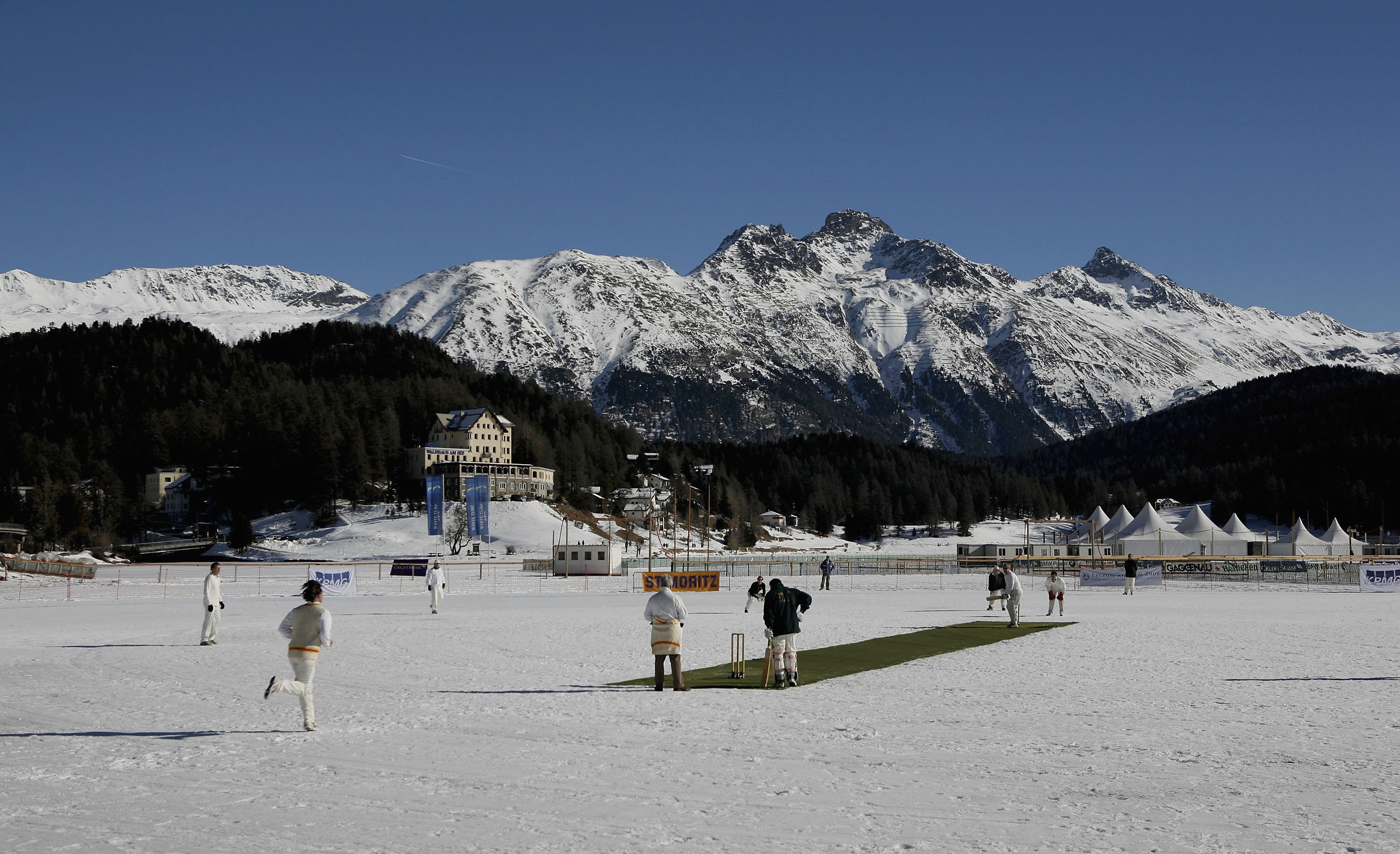 Mad cricketers play on a frozen Lake Saint Moritz in Switzerland