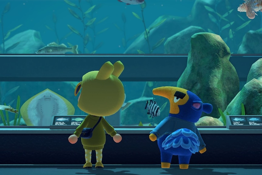 A screenshot from Nintendo switch game Animal Crossing, a human and an anteater character looking at an aquarium