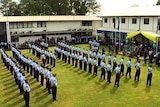 Solomon Islands police officers attend a special ceremony at the police headquarter in Honiara, on the day of the rearmament.