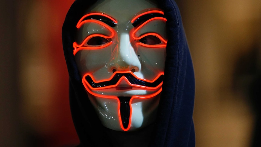 An Anonymous supporter wears a Guy Fawkes mask