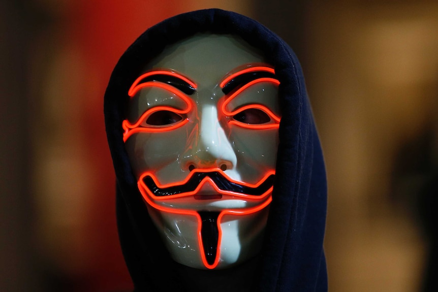 An Anonymous supporter wears a Guy Fawkes mask