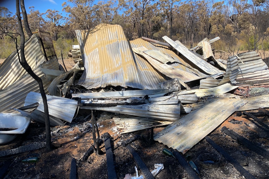 Sheets of rusty tin lie on the ground