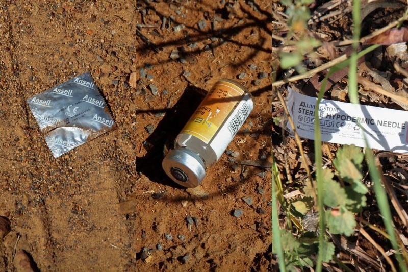 A compiled photo showing a condom wrapper, needle packaging and drugs on the ground.