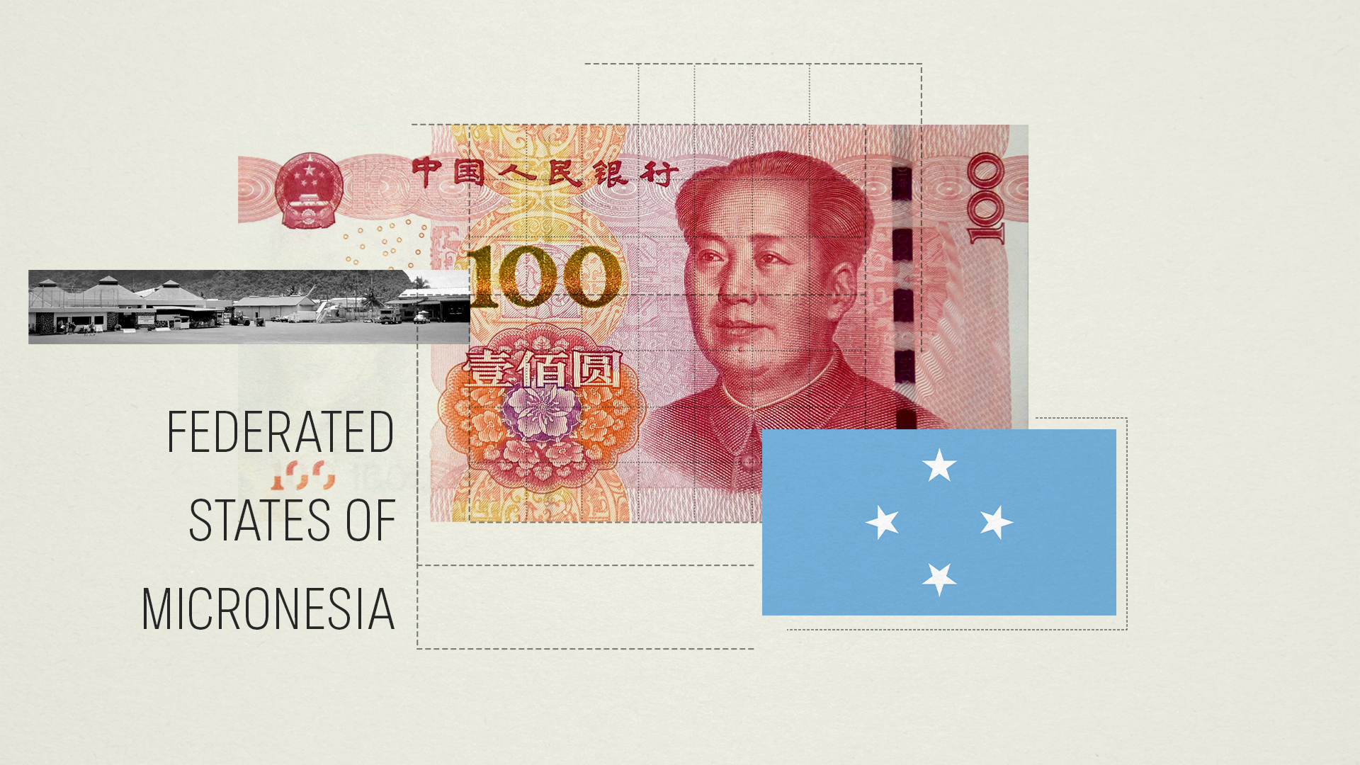 Federated States of Micronesia flag with a Chinese bank note in the background.