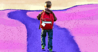 Photo illustration of child with backpack for story about supporting autistic children at school