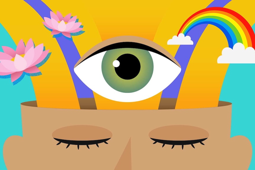 Illustration of person's head with rainbow, lotus flowers and a large eye flowing out of the top, various symbols of meditation.