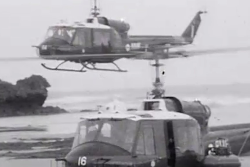 Helicopters conduct an aerial search for Harold Holt in 1967.