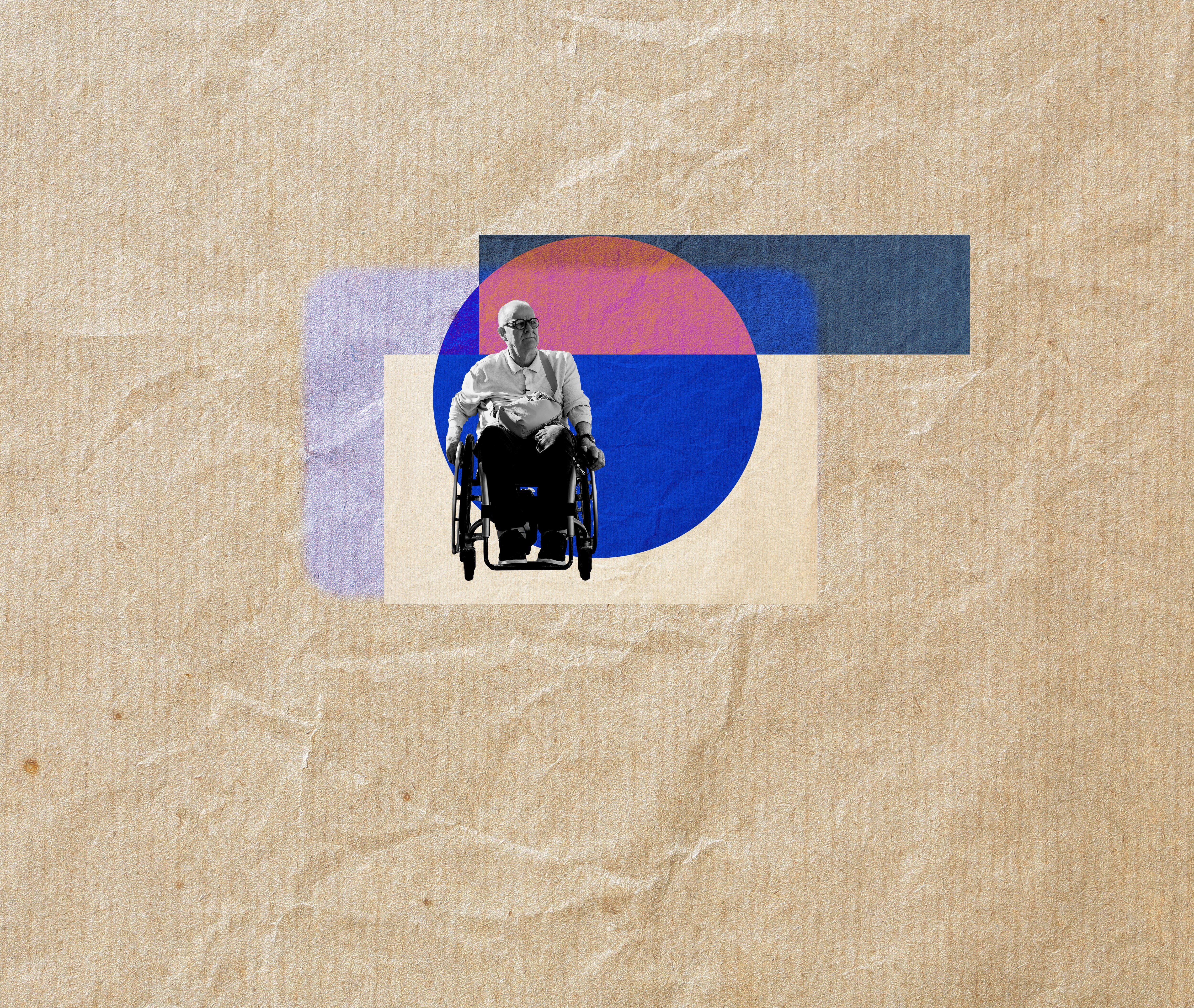 A black and white cutout of a man in a wheelchair is added to the image