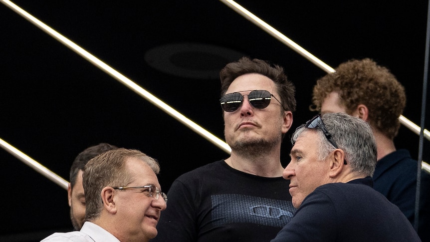 elon musk stands and looks past a crowd