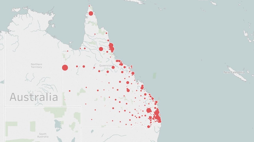 Map showing areas in Queensland where students are using distance education the most with large red dots.