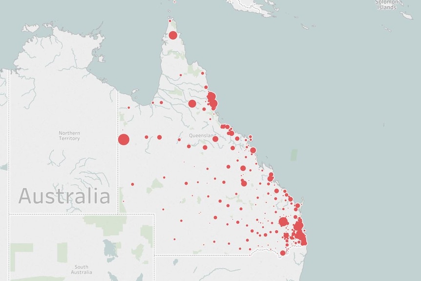 Map showing areas in Queensland where students are using distance education the most with large red dots.