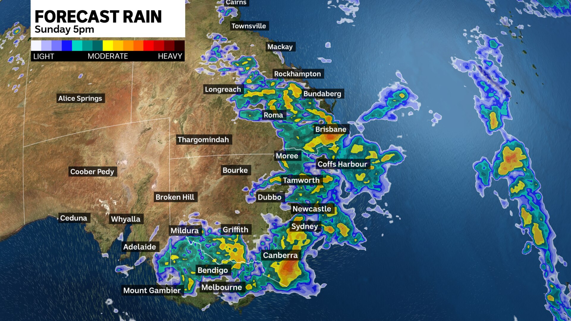 a weather map of australia show where rain will fall along eastern australia 