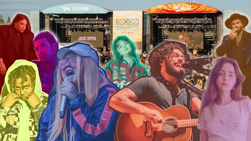A collage of the Groovin The Moo 2020 lineup: Kira Puru, Hayden James, YBN Cordae, Tones and I, Mallrat, Gang of Youths, Clairo,