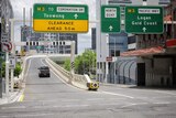 Car drives up exit ramp in Ann Street out of in Brisbane city towards Toowong on January 11, 2021.