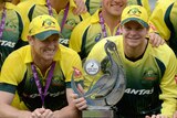 Steve Smith holds the trophy after Australia's ODI series win over England