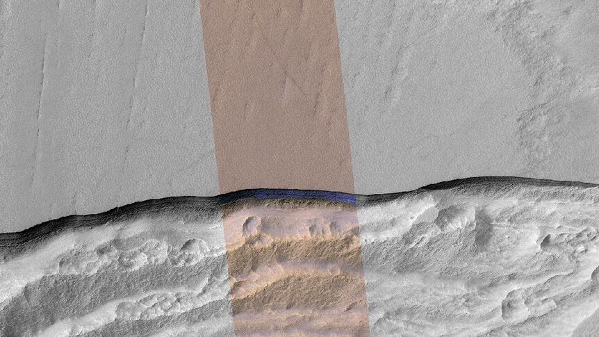 An aerial view highlighting a small cross-section of an ice deposit found on Mars.