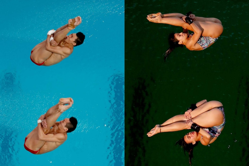 Composite photo comparing green water in Rio diving pool