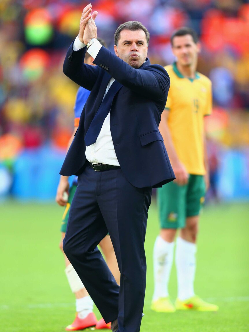 Socceroos coach Ange Postecoglou acknowledges the Australian fans
