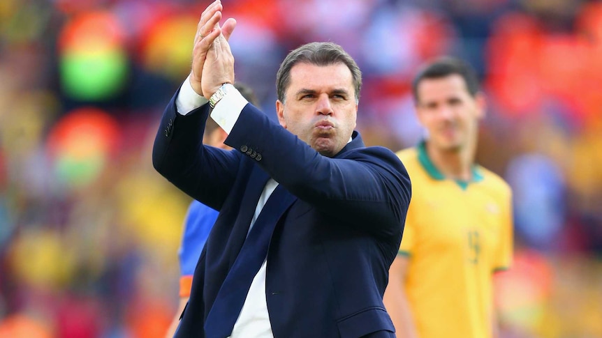 Socceroos coach Ange Postecoglou acknowledges the Australian fans
