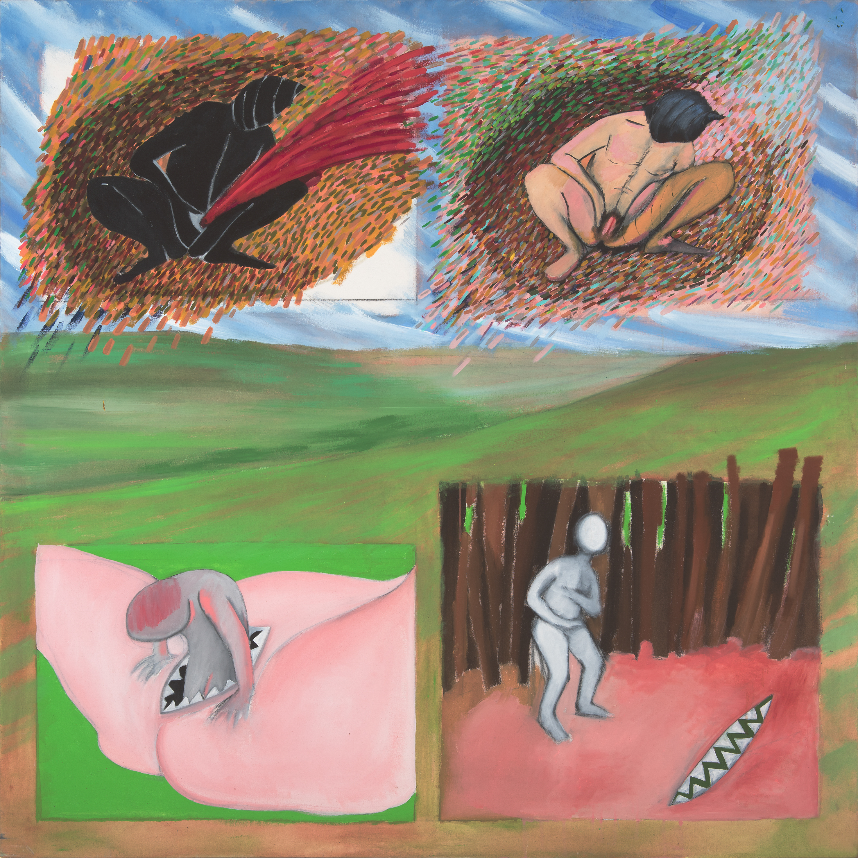 Four faceless figures appear in different quadrants, exploring themes of menstruation, sexuality and vagina dentata.