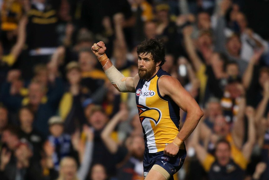 West Coast's Josh Kennedy celebrates his goal during the preliminary final against North Melbourne.