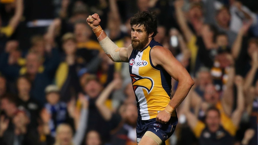 On target ... Josh Kennedy celebrates a goal for the Eagles