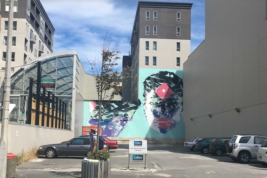 Colourful street art in Christchurch, New Zealand. A woman's face is painted on the wall in blue, pink and purple.