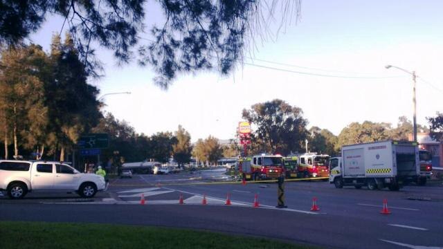 The scene of a fuel tanker crash which has closed all lanes of the New England Highway at Maitland.