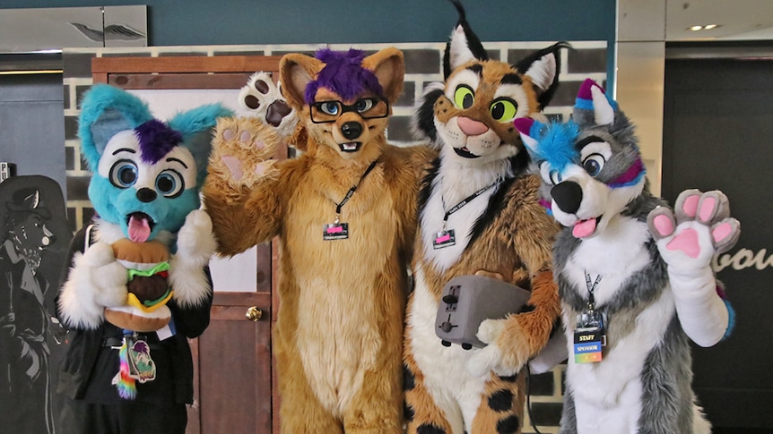 A group of furries in their full costumes at FurDU 2018 on the Gold Coast