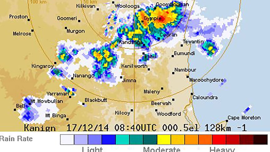 BoM weather radar shows a dangerous storm over Gympie