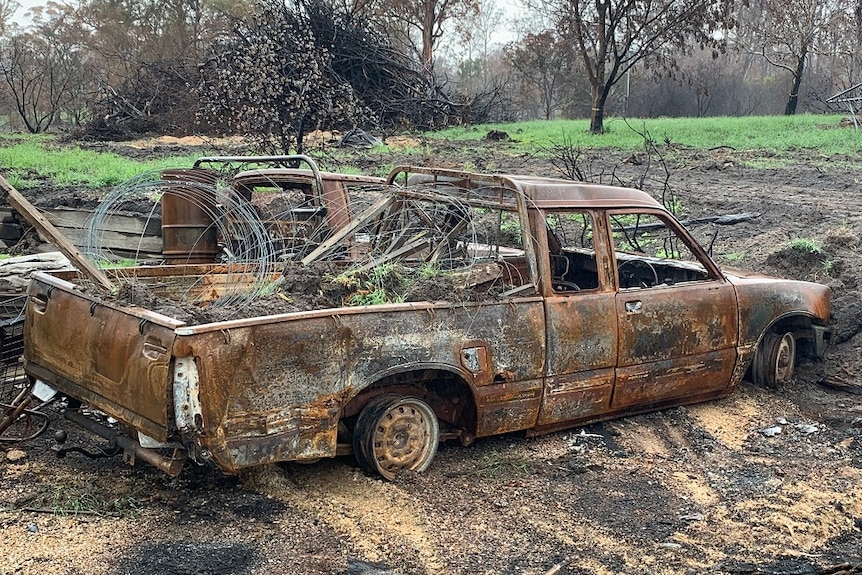 A ute sits on sandy ground completely burnt out with no tyres. There is chicken wire in the car's tray.