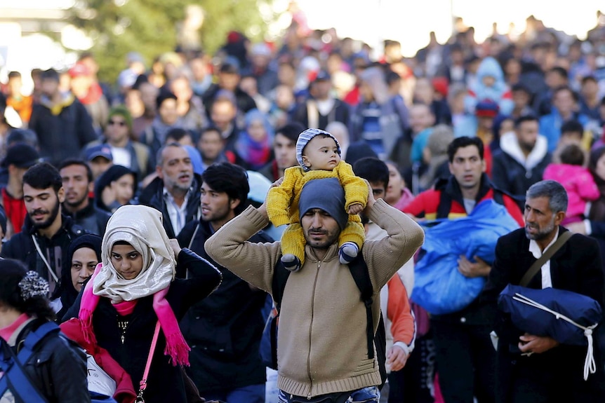 Asylum seekers walk towards Austrian border