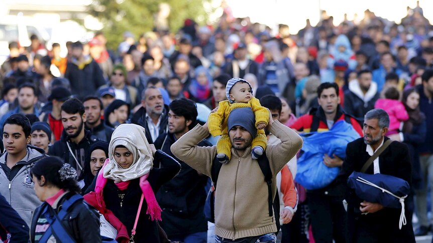 Asylum seekers walk towards Austrian border