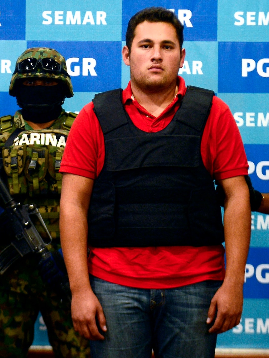 Jesus Alfredo Guzman Salazar is presented to the media in Mexico City.