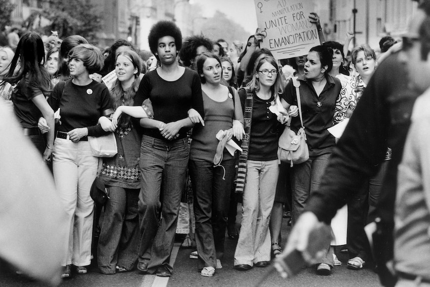 Women marching at the Women's Equality March on August 26, 1970, in New York City.