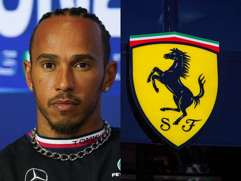 A split image, with F1 star Lewis Hamilton on one side, and the prancing horse logo of Ferrari on the other.