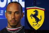 A split image, with F1 star Lewis Hamilton on one side, and the prancing horse logo of Ferrari on the other.