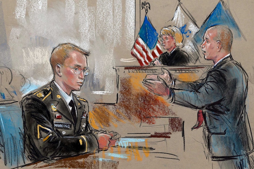 Courtroom sketch of Private Bradley Manning, June 3, 2013.