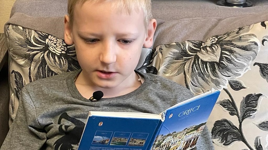 Young boy with blond hair wearing a grey shirt reading a blue diary on a couch.