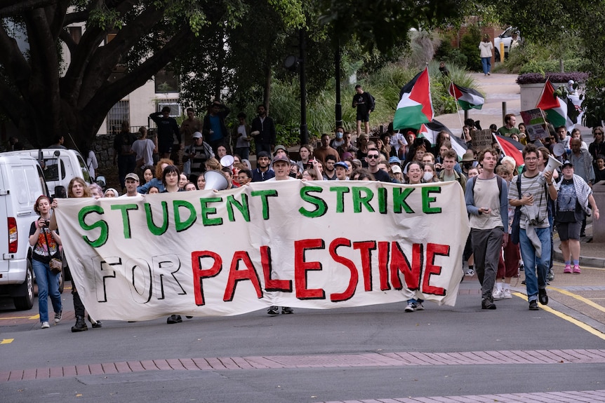 Students march with a sign saying Student Strike for Palestine