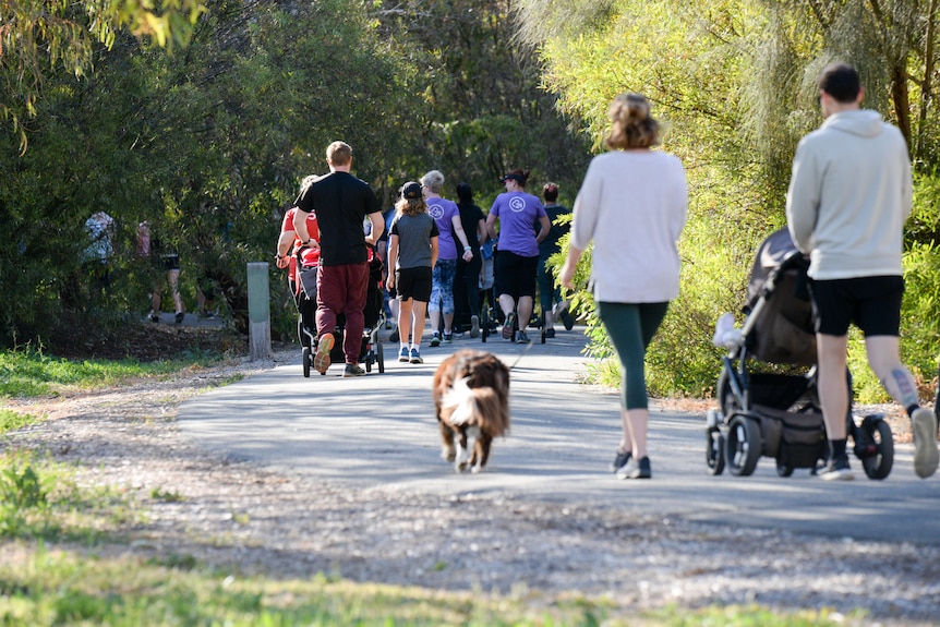 A group of people walk down a parkrun track.