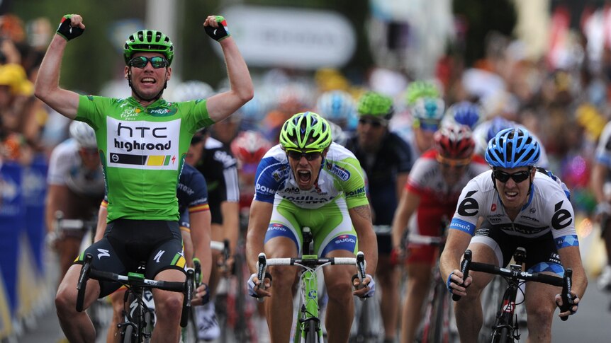 Mark Cavendish celebrates another sprint finish victory in Tour de France.