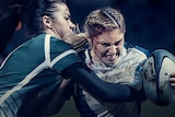 A woman with a cut to her head plays rugby in the new Bodyform ad.