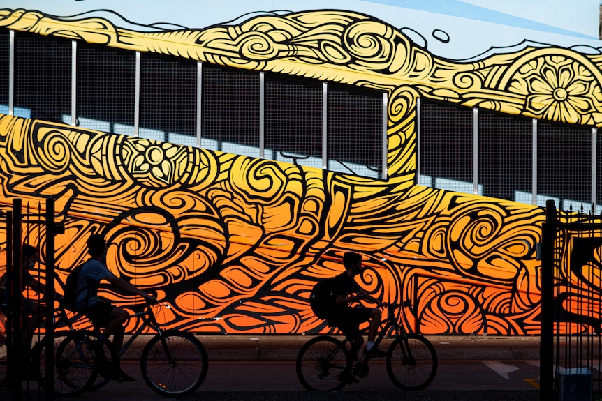 A person on a bike cycles past street art.