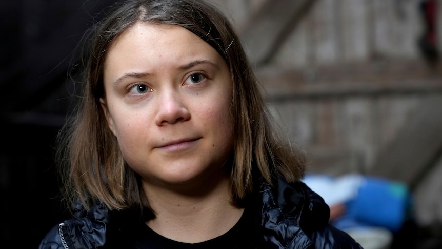 a close up of greta thunberg's face, with short hair and brown eyes. 