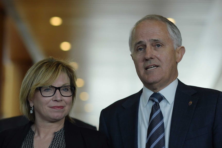 Malcolm Turnbull and Australian of the Year Rosie Batty speak during a press conference at Parliament House in Canberra.