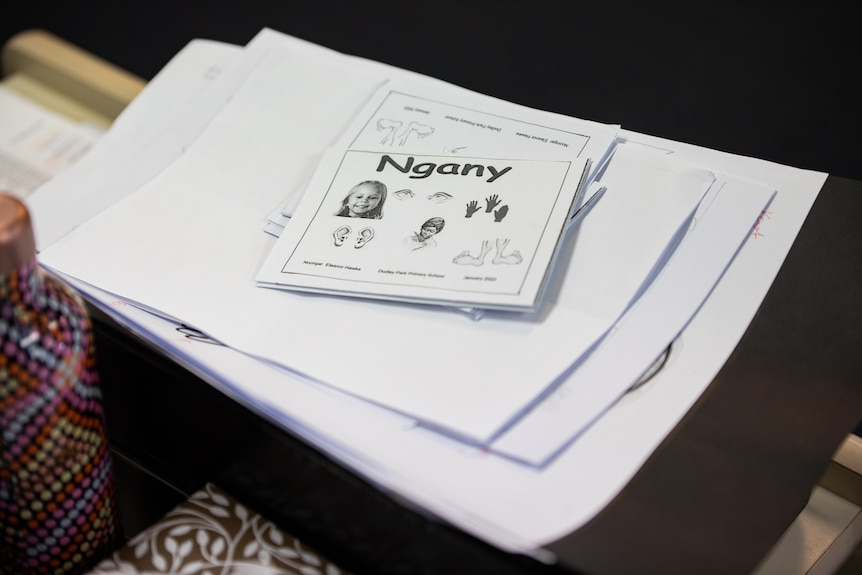 A worksheet in a tray with the Noongar word 'Ngany' on it.