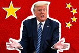 A graphic of Donald Trump in front of the flag of China