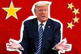 A graphic of Donald Trump in front of the flag of China